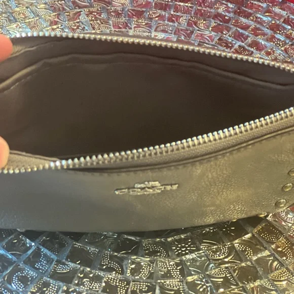 Coach Gray Wristlet/Clutch with silver rivets and chain strap - Picture 5 of 8